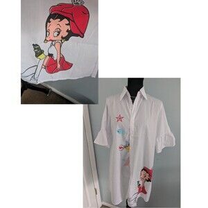 Zara Shirt Dress Womens S/M Oversized Tunic Mini Betty Boop Cartoon White Red